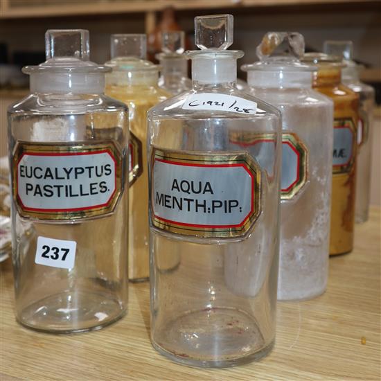 A collection of eight late Victorian chemists dry drug jar and stopper, with gilt framed named labels, height 25cm